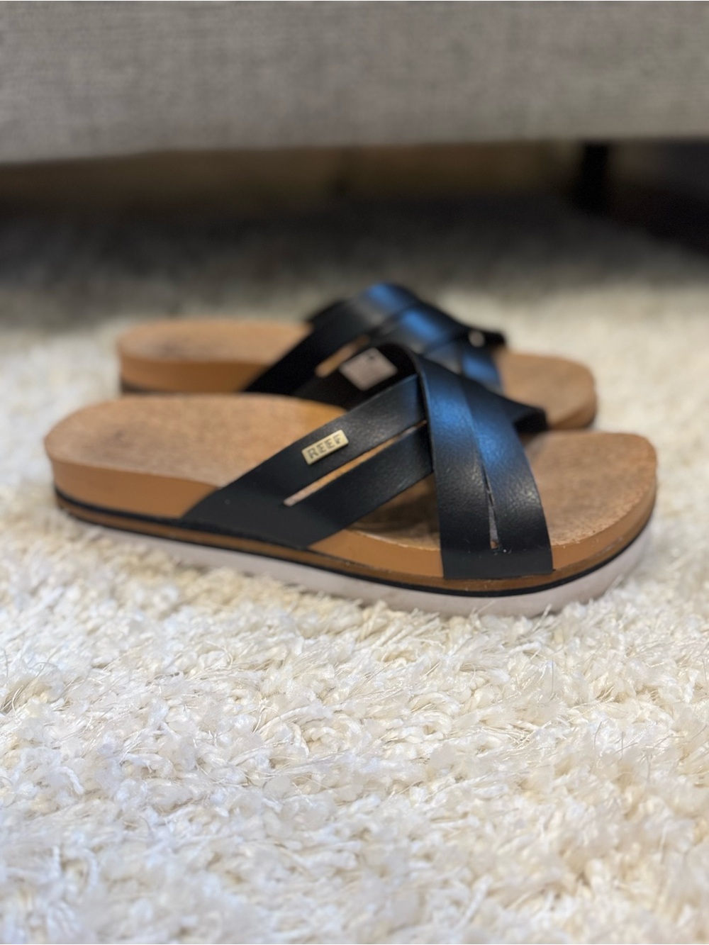 Reef Cushion Bloom Hi Platform Slide Sandals Black Tan Size 10